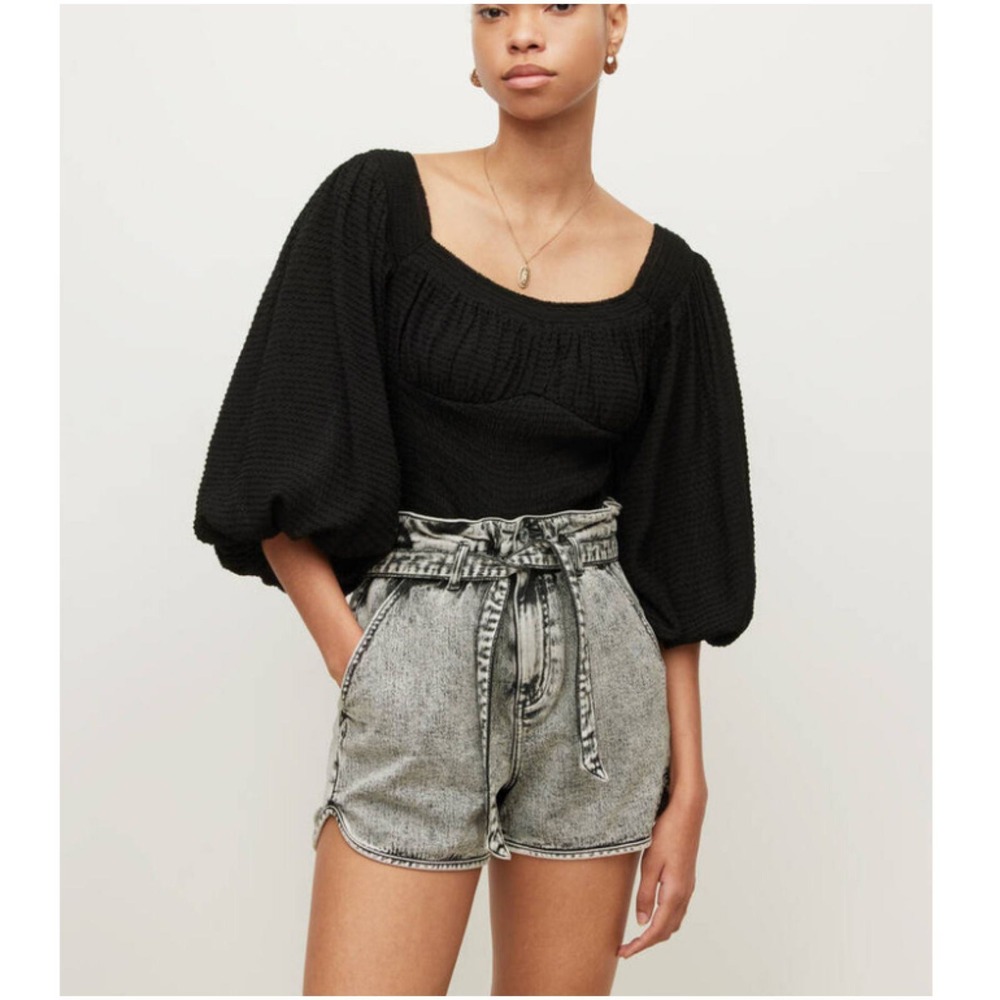 AllSaints Tia Top Womens 4 Black Smocked Balloon Sleeve WD217W Blouse